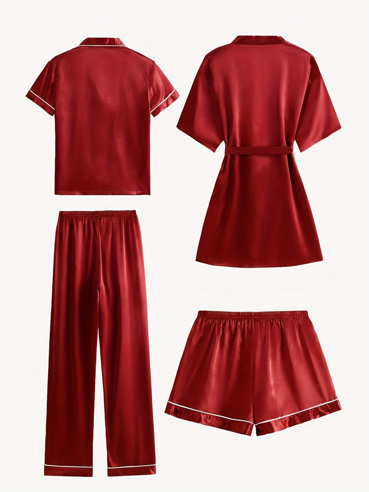 Juliette | 4-Piece Solid Satin Pajama Mid-Sleeve Robe Set
