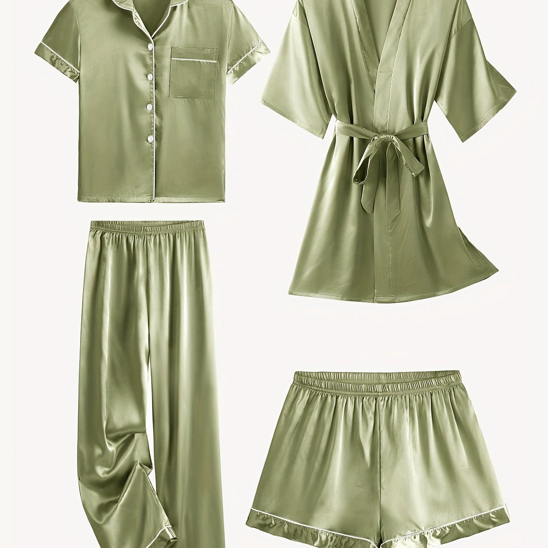 Juliette | 4-Piece Solid Satin Pajama Mid-Sleeve Robe Set