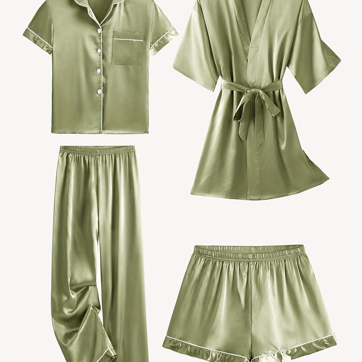 Juliette | 4-Piece Solid Satin Pajama Mid-Sleeve Robe Set